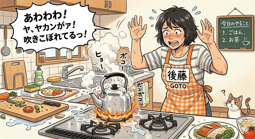 お湯を沸かすやかんが吹きこぼれて、オロオロする後藤さんのイラスト