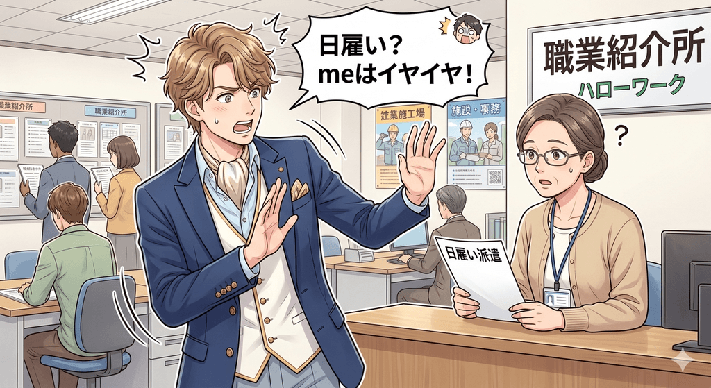 ハローワークに仕事を探しに来ておいて、日雇労働を紹介されると全力で拒んでしまう、生粋のボンボンボーイのイラスト