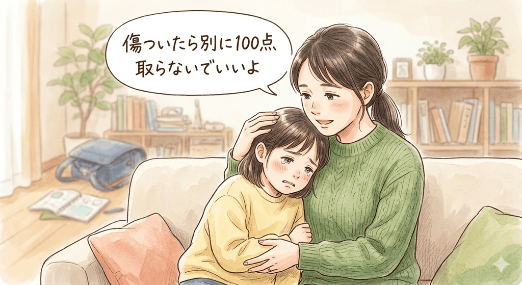 何かしらの原因で傷付いた様子の小学生の女の子と、女の子を慰める優しげなお母さんのイラスト