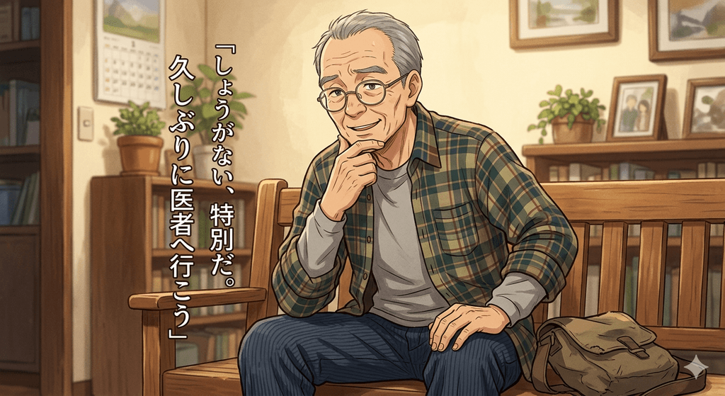 医者嫌いのおじいさんが、やむにやまれず医者にかかることを決意した場面のイラスト