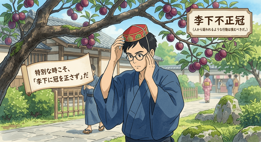 スモモの木の下で冠を正すような行為をするまいと決意しながら、今まさに李下に冠を正してしまっているうっかりさんのイラスト
