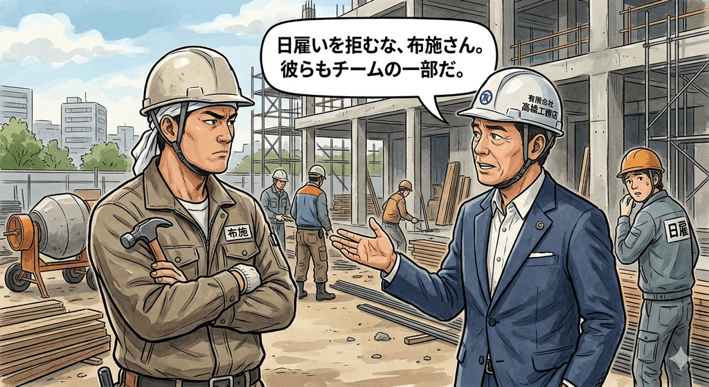 現場のリーダーらしき布施さんが、元請けの社員から「日雇も大事なチームの一員だ」と諭されているイラスト