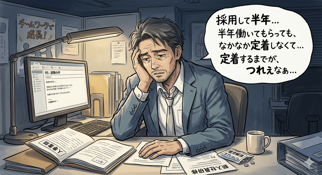 人事担当社員らしき人物が、新規採用社員が半年程度で辞めてしまう現状を憂いているイラスト