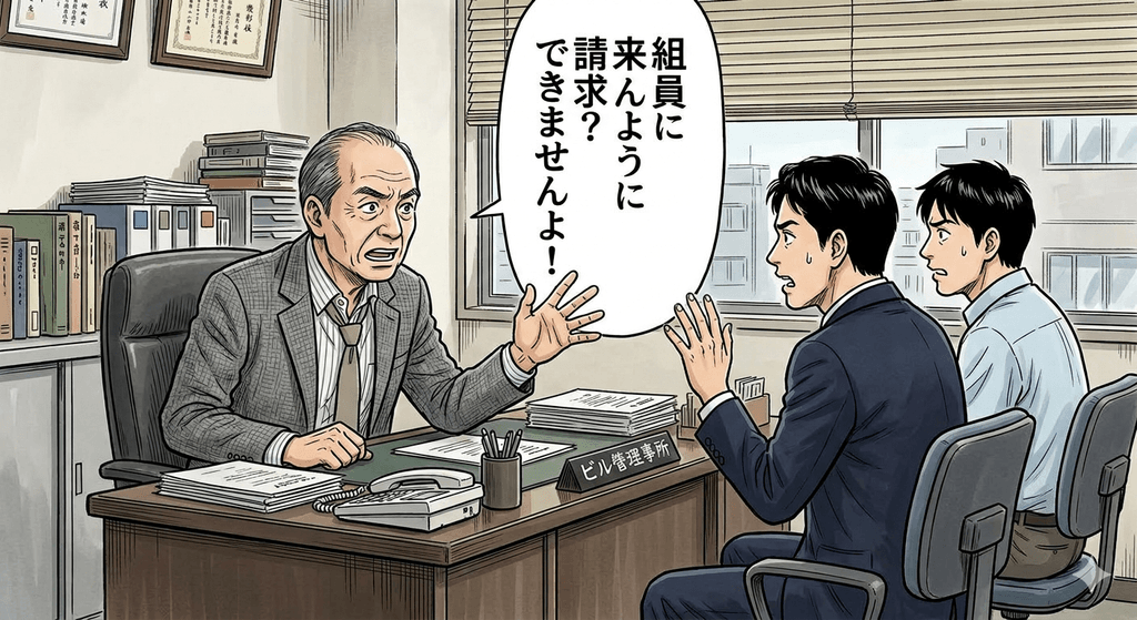「組員が来ないように請求できませんか？」と相談に来た人たちに、それは無理だと否定する人のイラスト