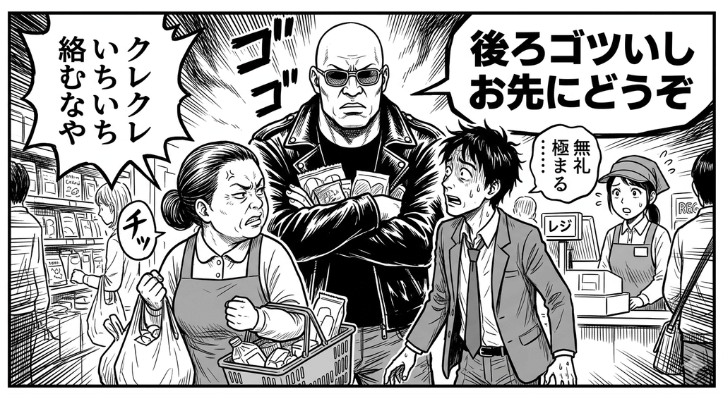 スーパーのレジ前、自分は図体が大きいのでお先にどうぞと譲る人、なんか絡んでくるなと怒る人、カオスっぷりに青ざめる人、のイラスト