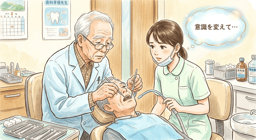 高齢であり、元々さほど意識も高くないおじいちゃんの歯科医と、となりで心配する助手のイラスト