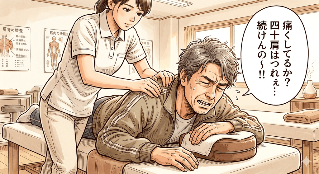 マッサージ店で施術を受けるおじさん。四十肩が酷いらしく、相当痛いようだが、施術は止まらず思わず絶叫するイラスト