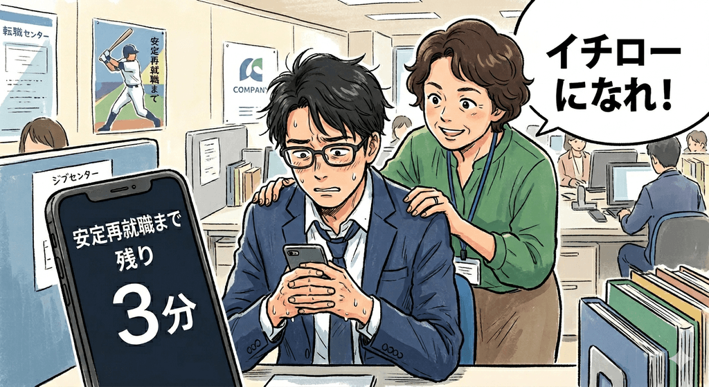 ハローワーク的な所で、「安定再就職まで残り3分」と表示されたスマホを不安げに持つ男性と、なぜか彼に対して「イチローになれ!」と励ます職員の女性のよく分からないイラスト
