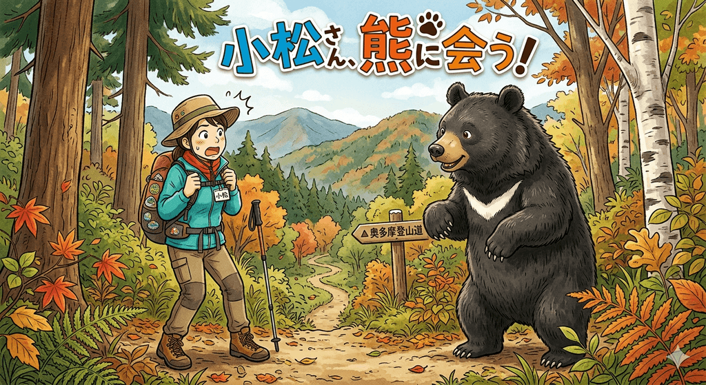 小松さんが森の中で熊に出会うイラスト