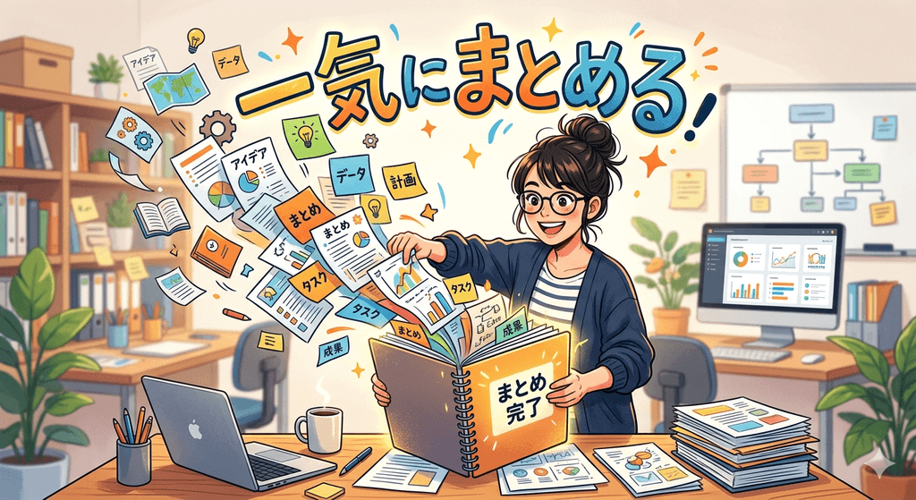 とあるオフィスの一室で、タスク、データ、アイデアなどを、魔法のように一気にまとめている女性のイラスト