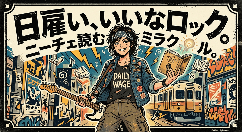 ロックとニーチェを愛し、日々の糧は日雇労働で得る。型にこだわらず、しなやかに生きる人のイラスト