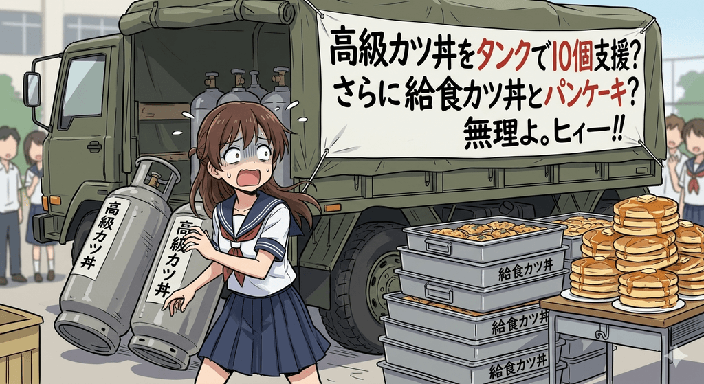 なぜかタンクにつめて学校に運び込まれる高級カツ丼。その日の給食もカツ丼で、さらにはパンケーキも用意されていて、悲鳴を上げる学生のイラスト