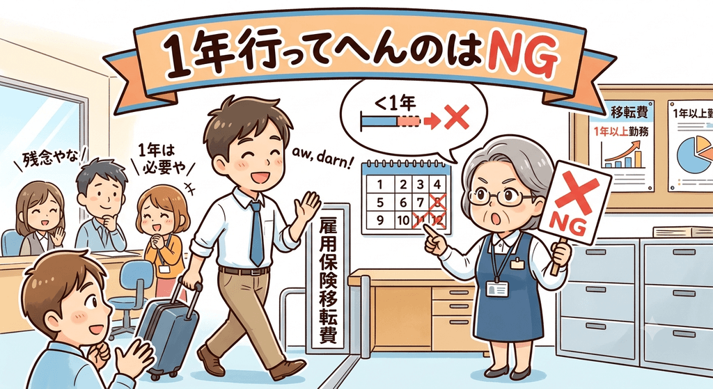 オフィス内で、雇用期間が1年未満であることにより、移転費についてNGをくらっている人のイラスト
