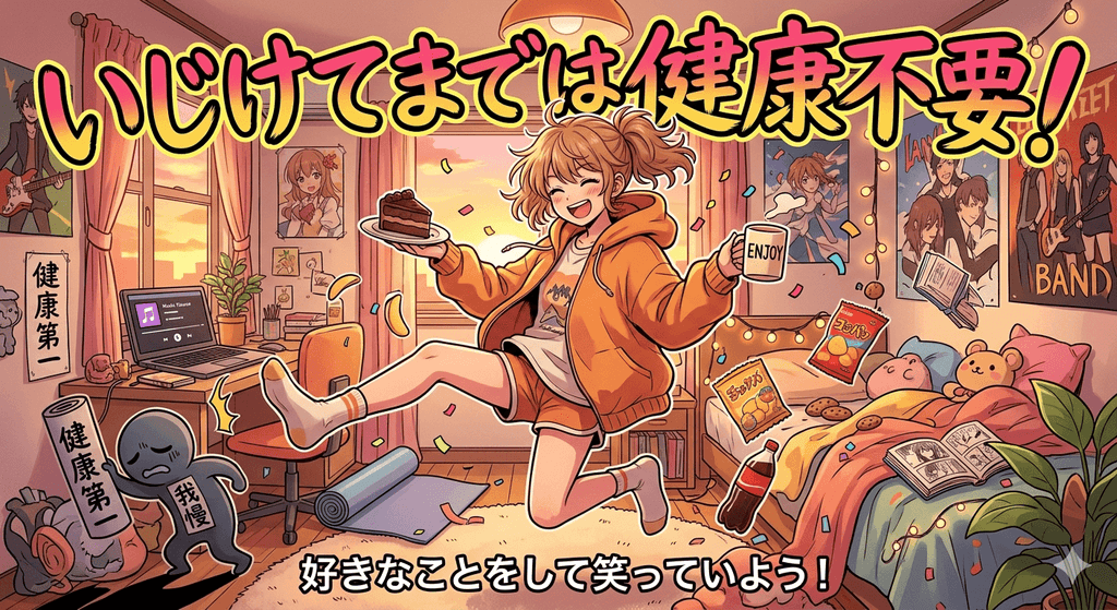 好きなことをして健康でいようと、好きなモノに囲まれて、部屋の中で小躍りする女性のイラスト
