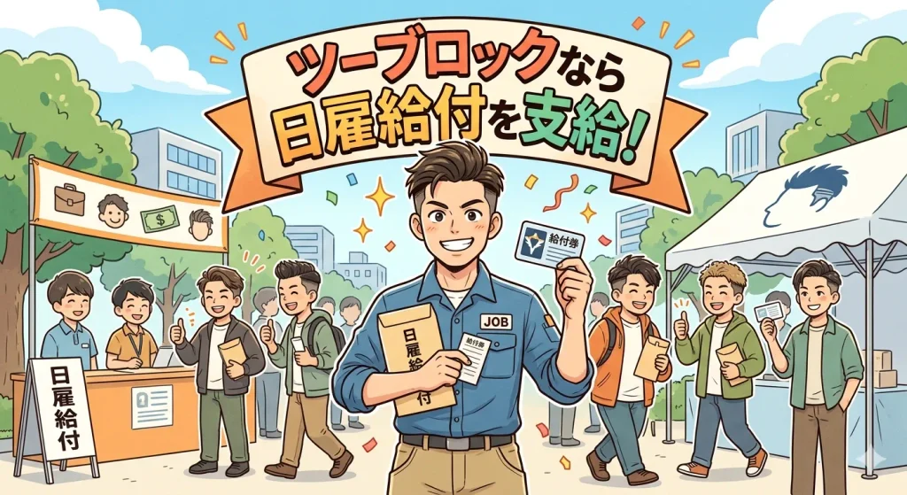 髪型がツーブロックの人たちが、日雇給付を受けているイラスト