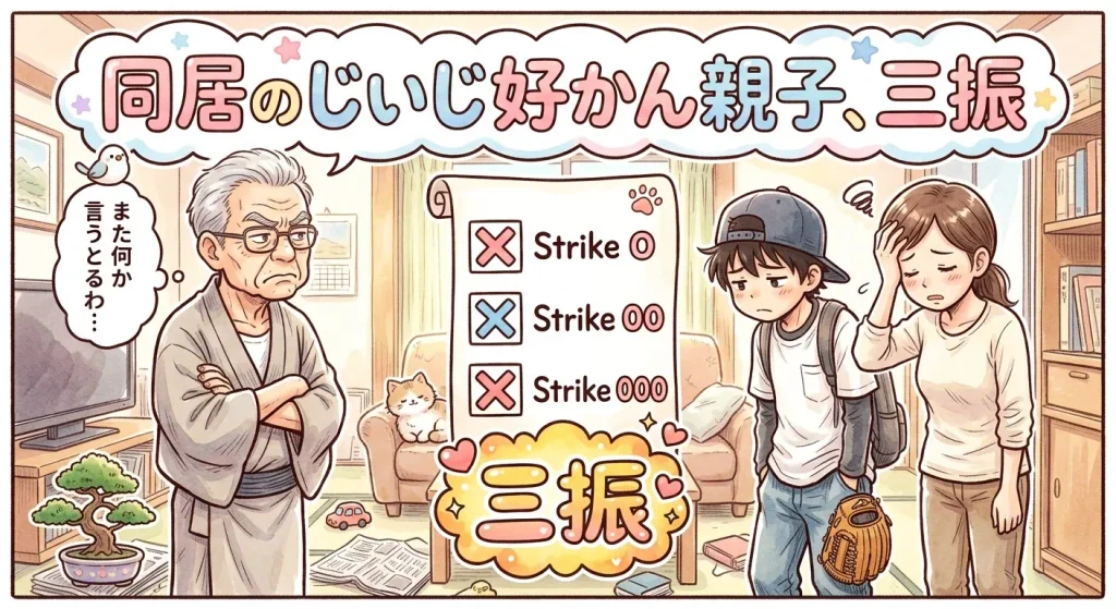 同居のおじいさんをあまり好ましく思っていない親子がどうやら何かをやらかした時のイラスト