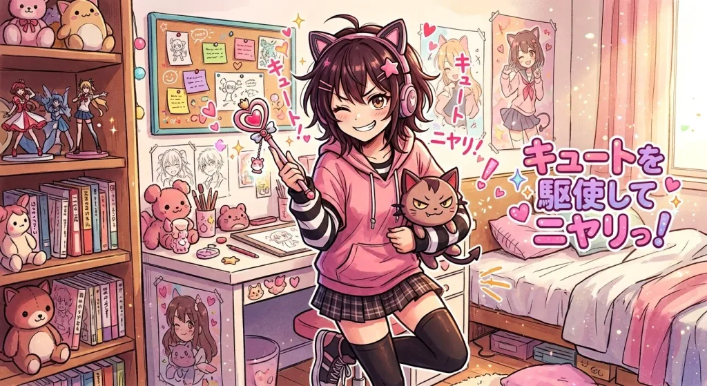キュートを駆使し、装飾された室内で、ニヤリと笑う女の子(と抱かれたネコ)のイラスト