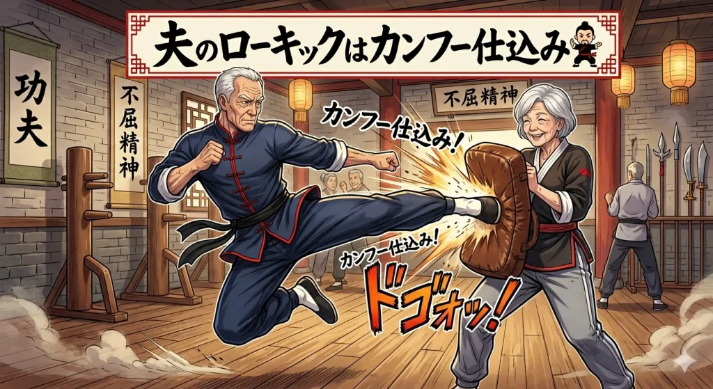 老齢だがよく鍛えられた男性が、夫人の構えるミットにカンフー仕込みのローキックを放つイラスト