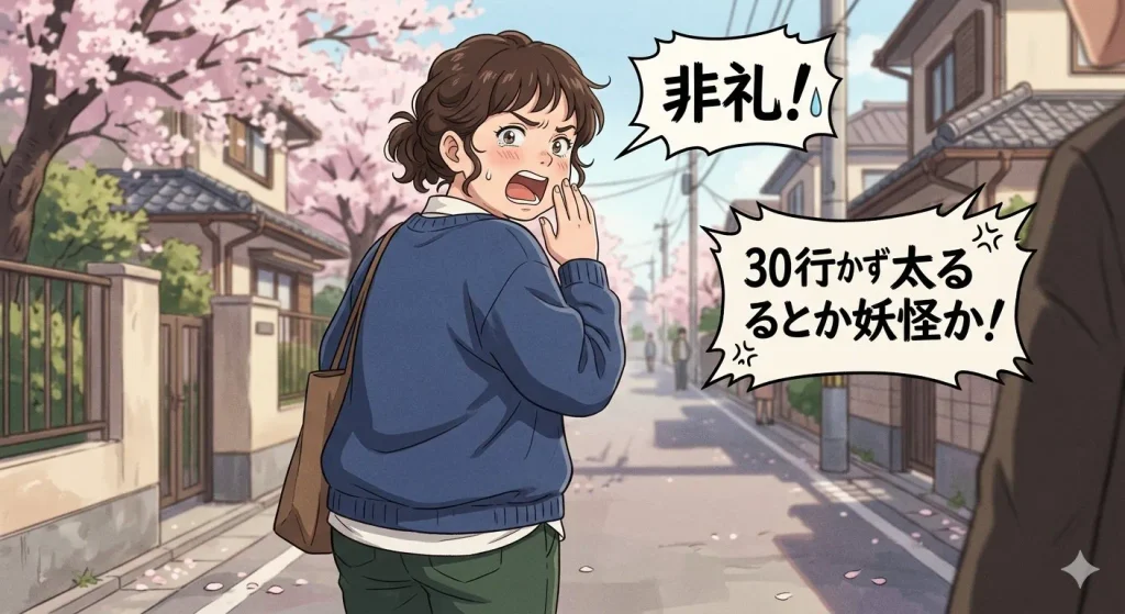 30歳にならないうちに太るとか妖怪か！と言われ、「非礼！」と返すふくよかな女性のイラスト