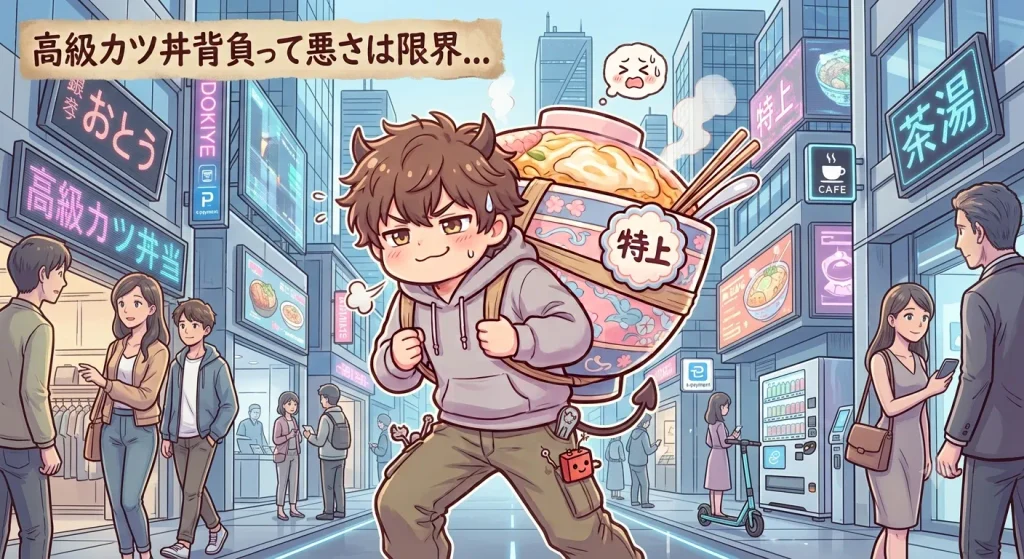 高級カツ丼を背負って悪さをするのも限界かも、という状態をイメージしたイラスト。なんせ、邪魔だから。